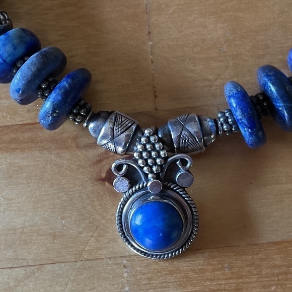VINTAGE Sterling Silver 925 LAPIS LAZULI GREEK DESIGN NECKLACE - Picture 3 of 9